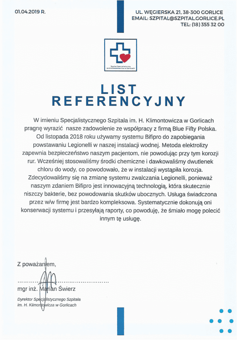 Referencje Szpital Gorlice - usuwanie legionelli