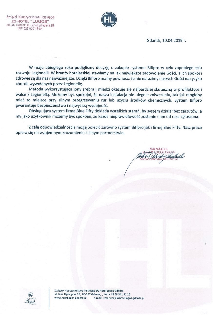 Hotol Logos Gdańsk referencje - usuwanie legionelli