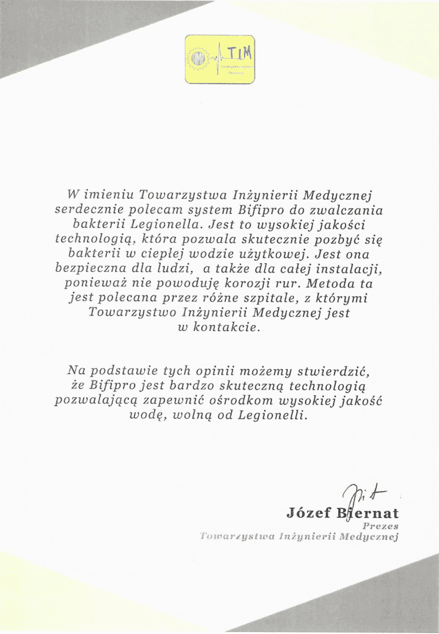 Referencje - Towarzystwo Inżynierii Medycznej - usuwanie legionelli