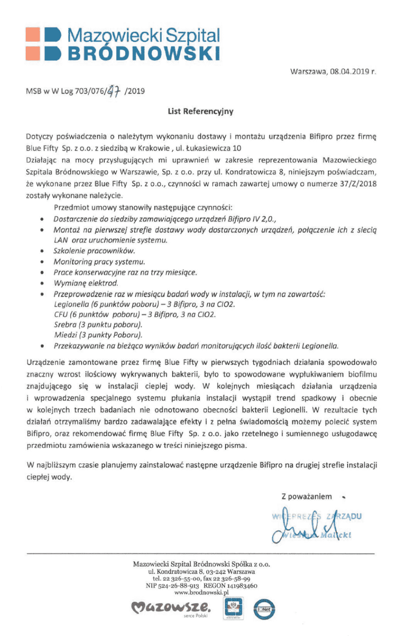 Referencje Szpital Brodnowski - usuwanie legionelli