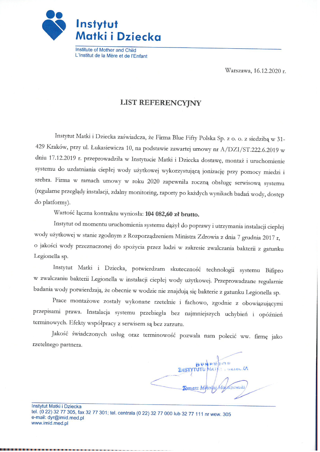 list referencyjny instytut matki i dziecka