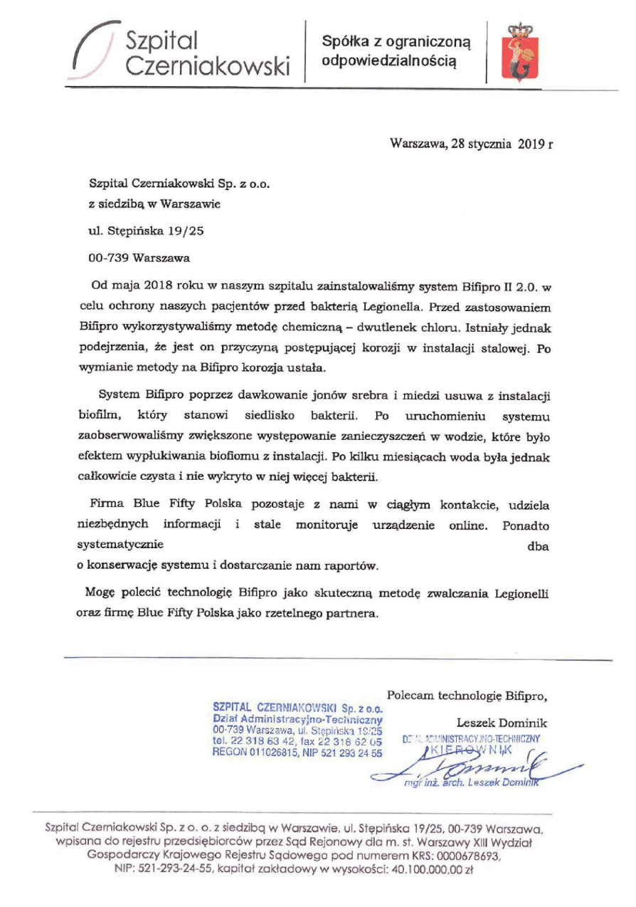 Referencje Szpital Czerniakowski - usuwanie legionelli